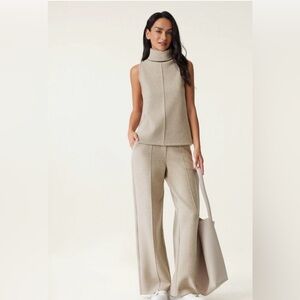 OGL FuzzLuxe 2Pcs Set SplitHem Top & High Waisted Straight Leg Pant XS Ivory nwt